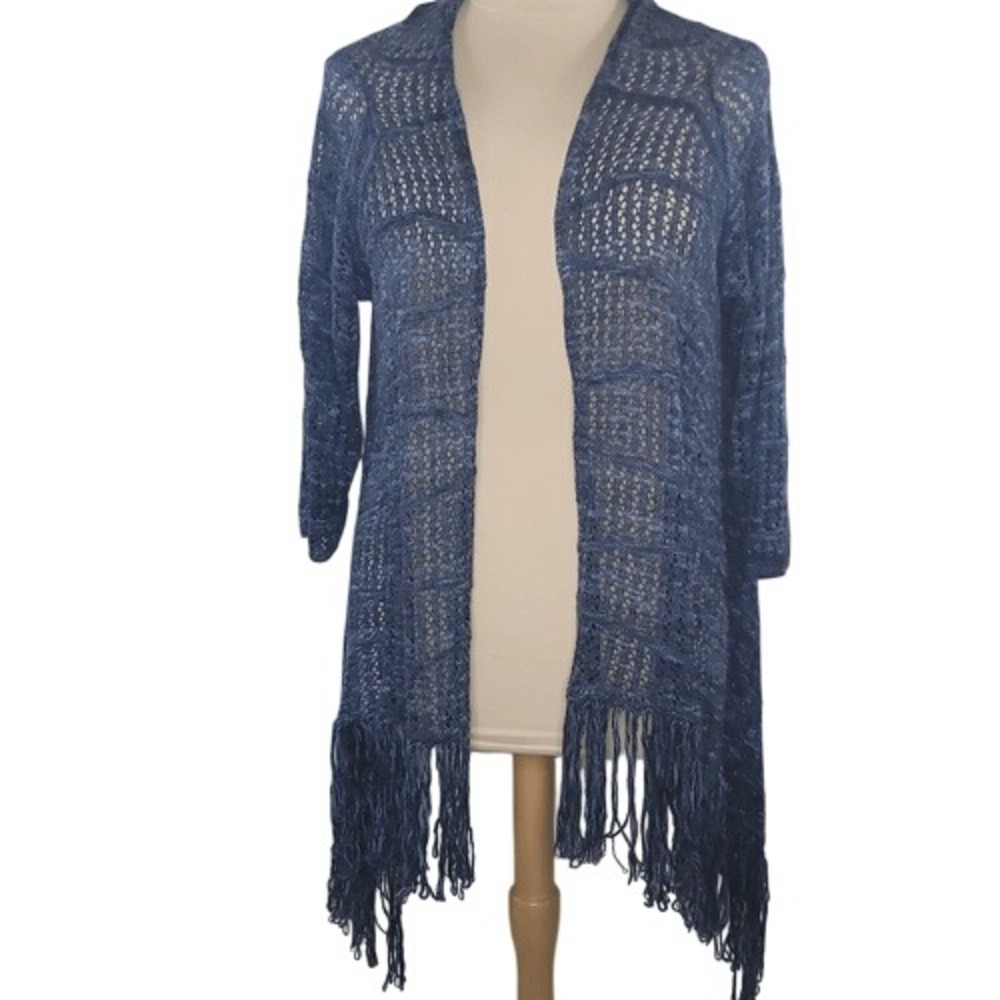 One World Blue Open-Front Fringe Sweater